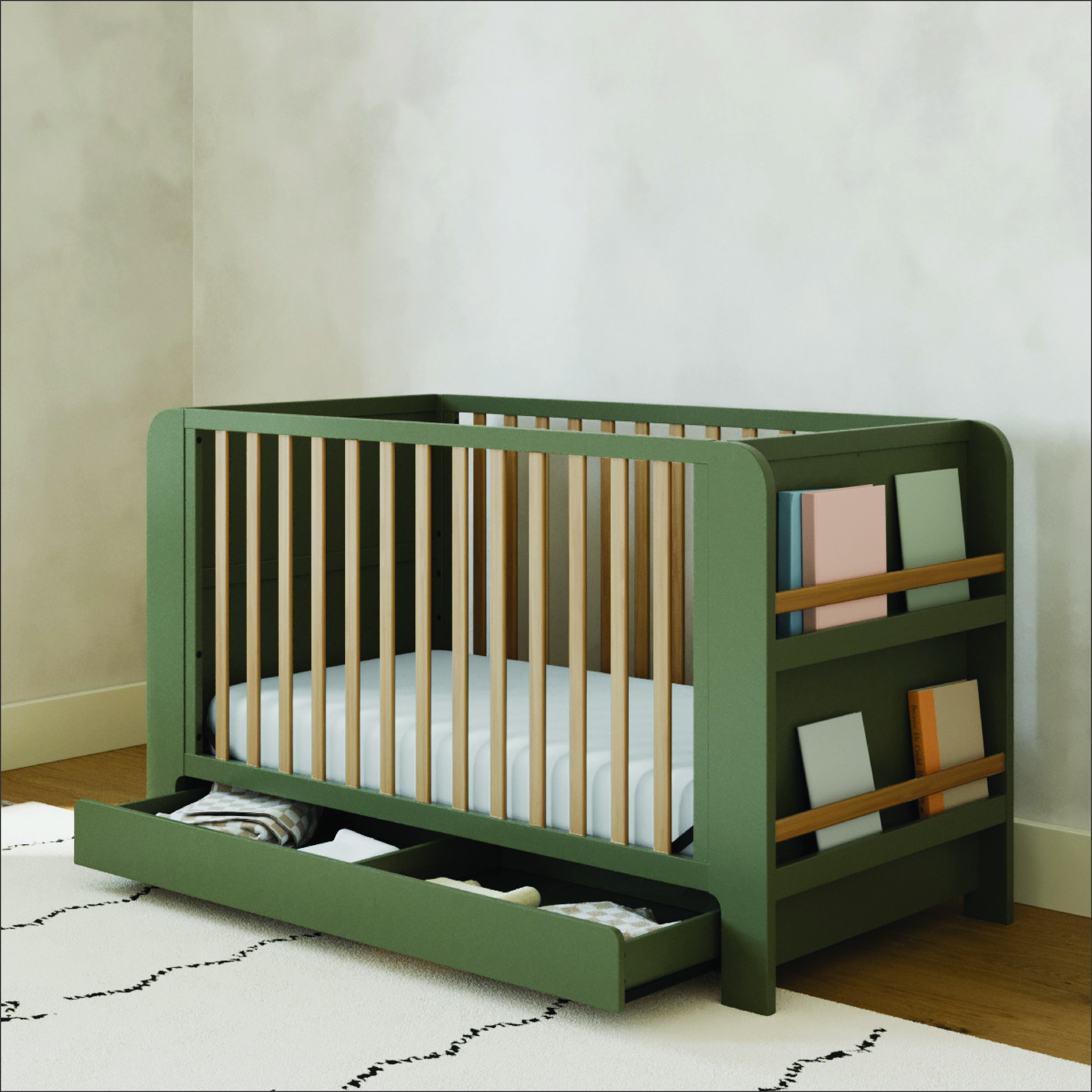 Graco Read-With-Me 4-in-1 Convertible Crib with Drawer, Olive/Driftwood