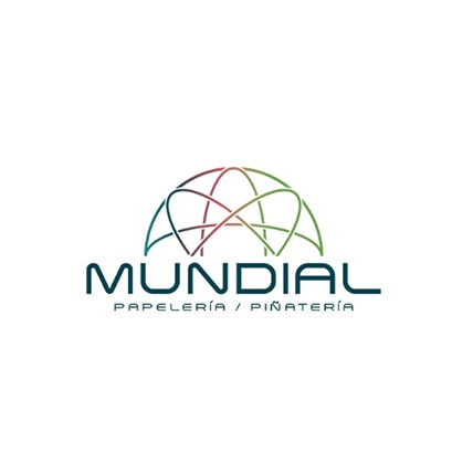 A logo for Mundial Papeleria with a rounded geometric prism over the word Mundial.