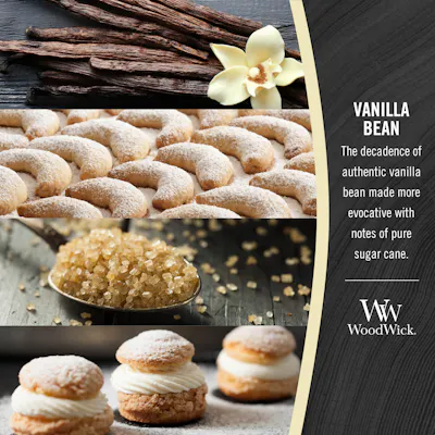 photo collage illustrating woodwick vanilla bean fragrances of vanilla bean and sugar cane