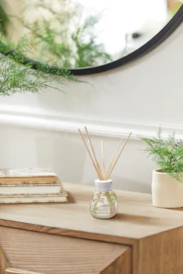 a wood table with a stack of books next to a plant in a white vase under a mirror