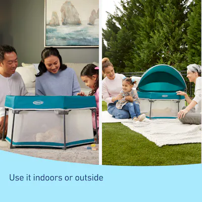 baby laying in travel lite portable bassinet use it indoors or outside