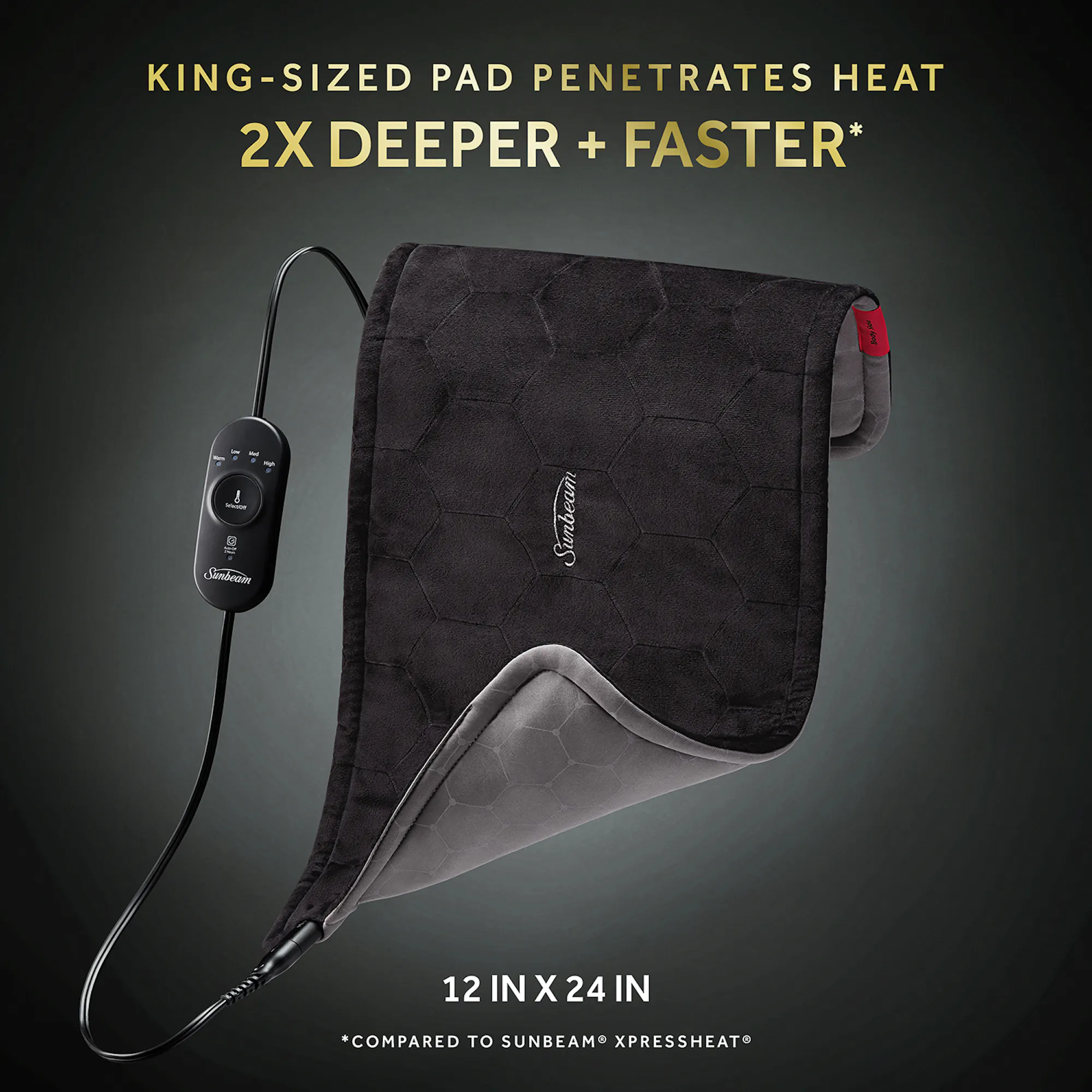 comparison of old BodyMed heating pad vs new Sunbeam pad with removable controller and 5-year warranty