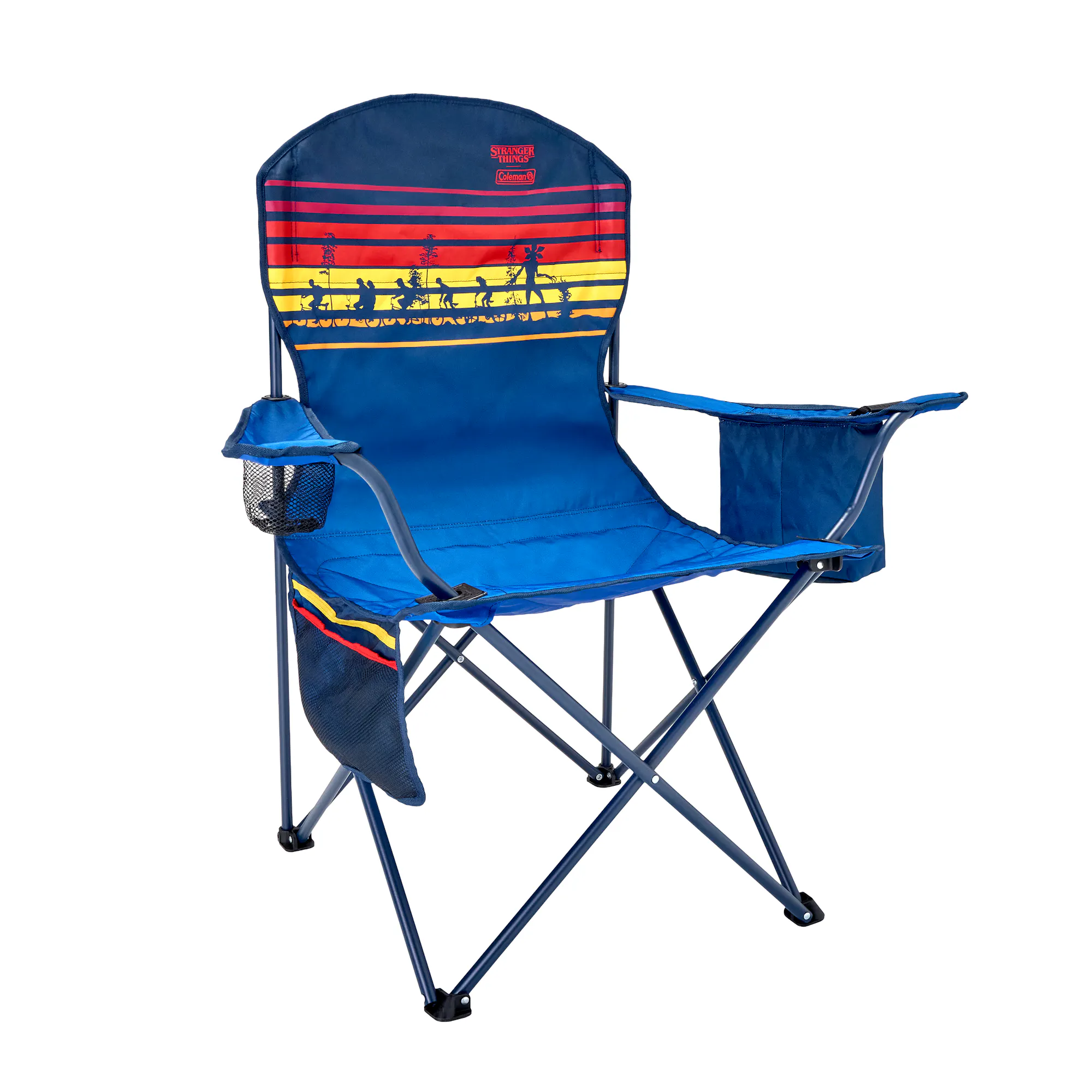 Coleman Stranger Things™ Quad Chair with Cooler | Blue Stripe | Cup Holder | Adjustable Arm Heights