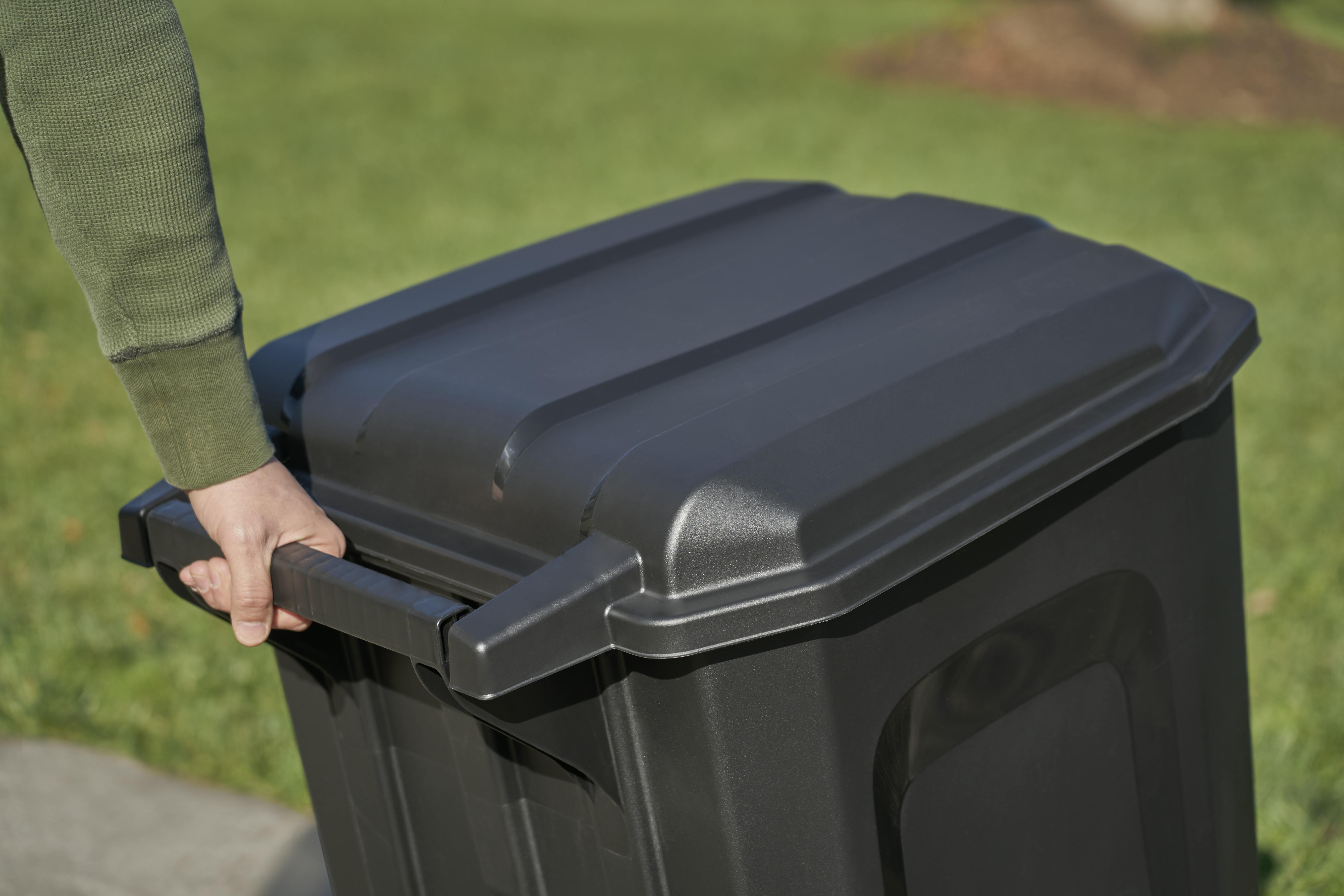 Hyper Tough 45 Gallon Wheeled Heavy Duty Plastic Garbage Can, Attached Lid, Black For Sale In Homer Glen, IL