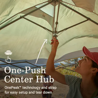 One push center hub, one peak technology and strap for easy setup and tear down