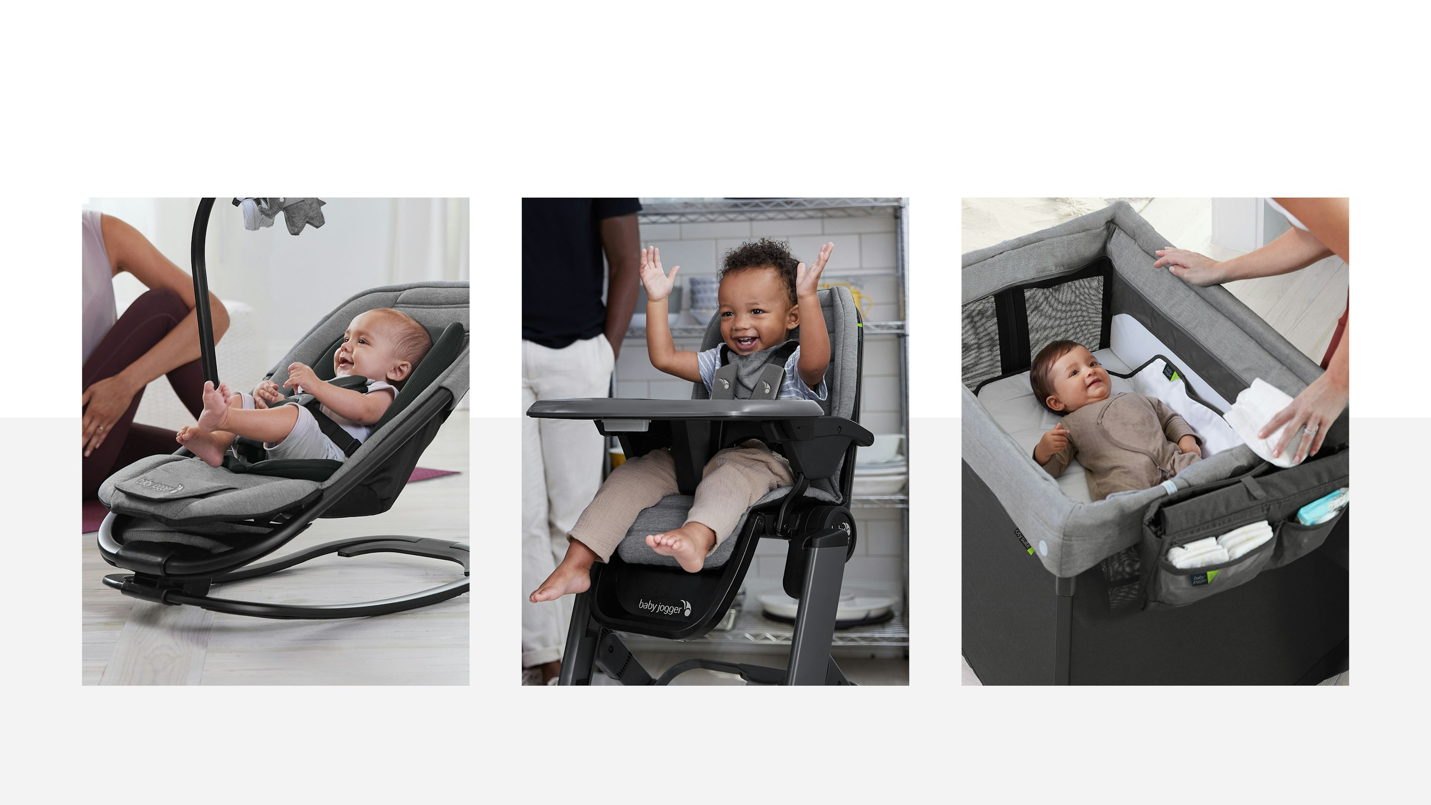 city sway 2 in 1 rocker and bouncer, city bistro high chair, and city suite multi level playard