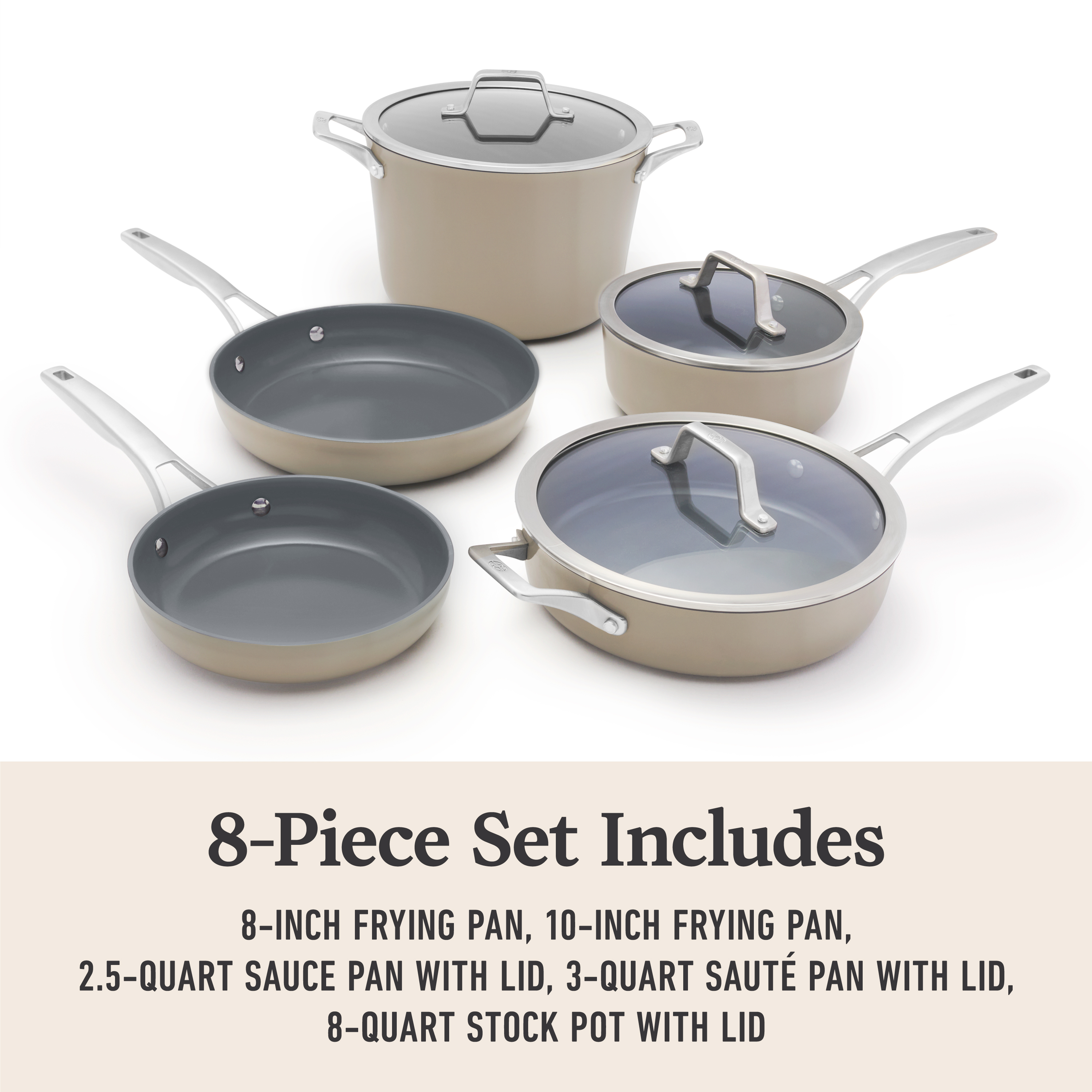 Premier Ceramic Nonstick 8-Piece Cookware Set, Mushroom Grey - Thumbnail 4