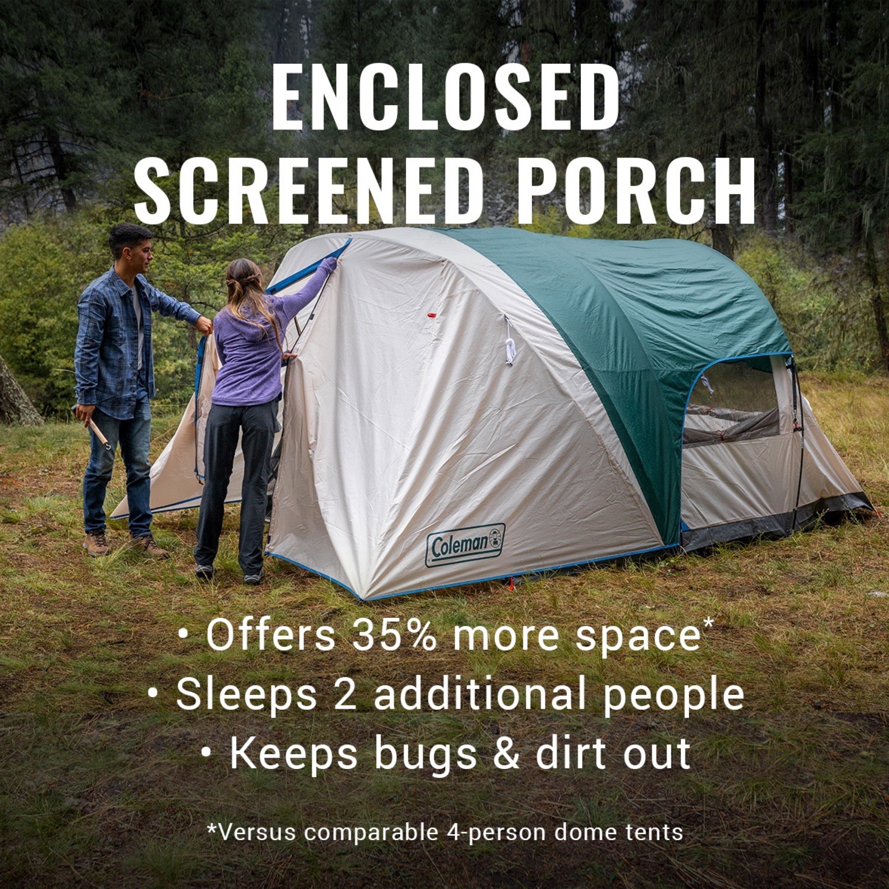 4 Person Cabin Tent with Enclosed Weatherproof Screened Porch Evergreen Coleman