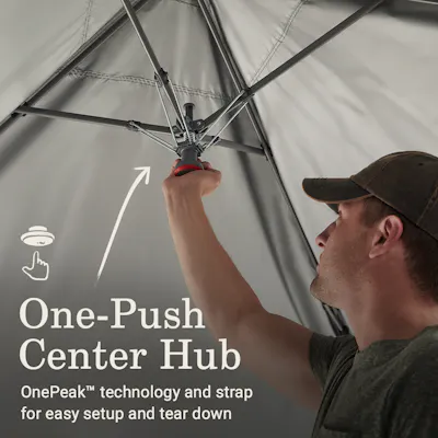 One push center hub, one peak technology and strap for easy setup and tear down