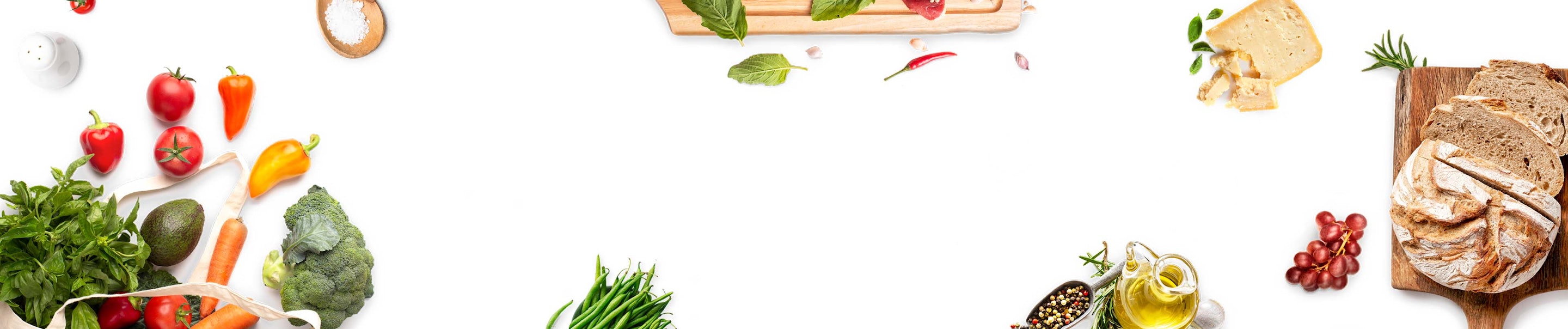 Stylized overhead flatlay of produce, bread, and condiments on a countertop