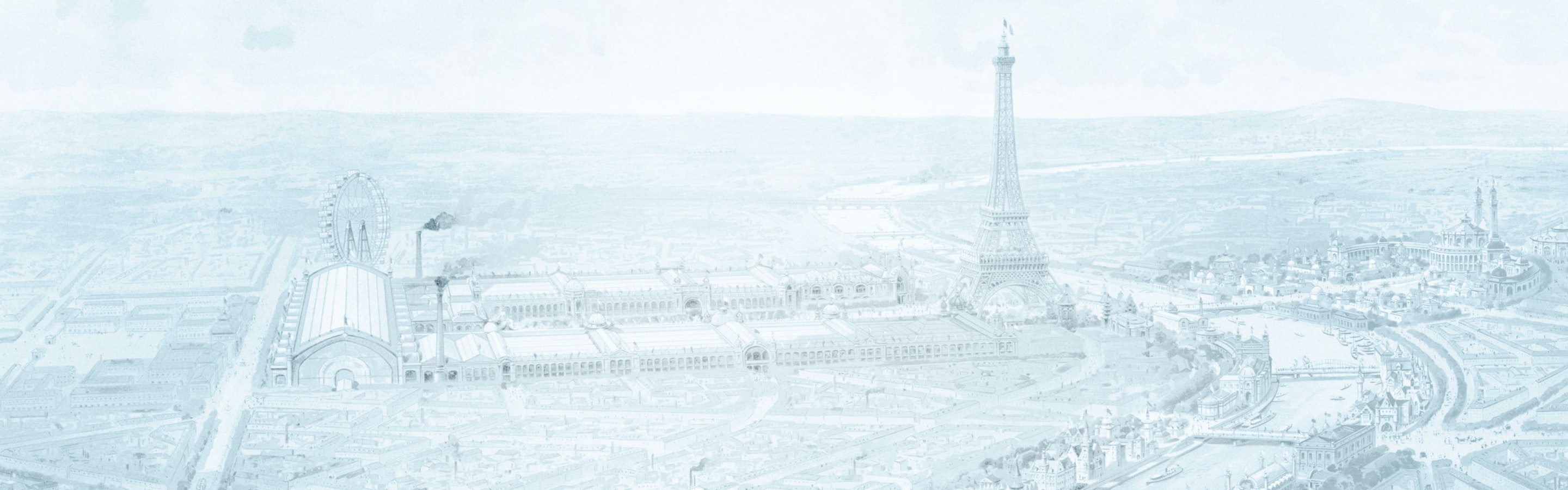A sketch of Paris and the Eiffel Tower from an aerial view.