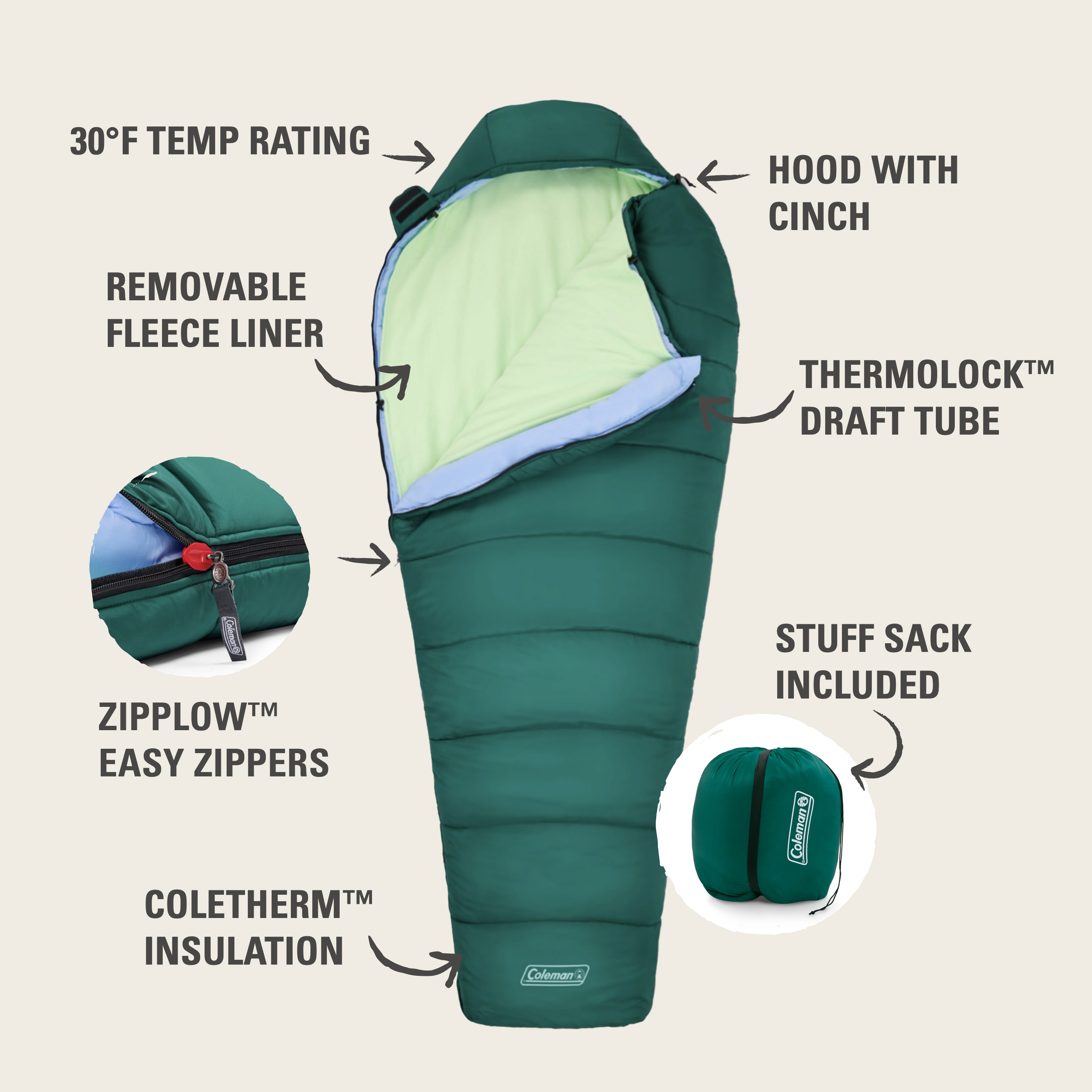 Cozy 30°F Sleeping Bag with Integrated Liner | Coleman