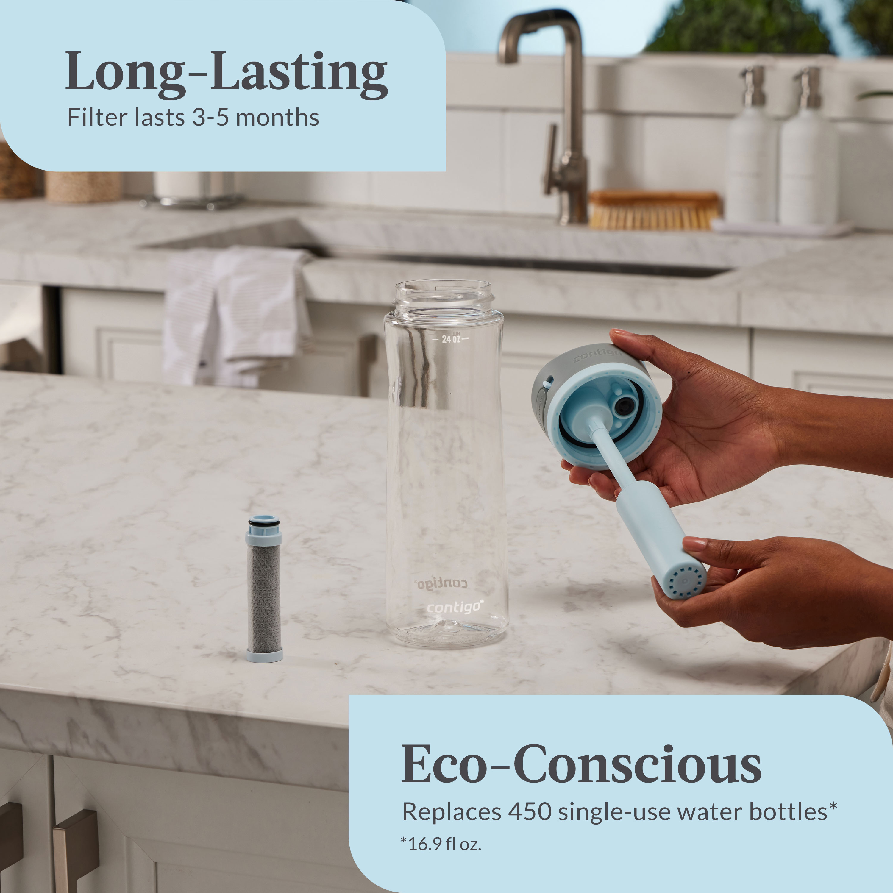 Contigo Wells Plastic Filter Water Bottle with Autospout Straw Lid 24 fluid oz, Salt White